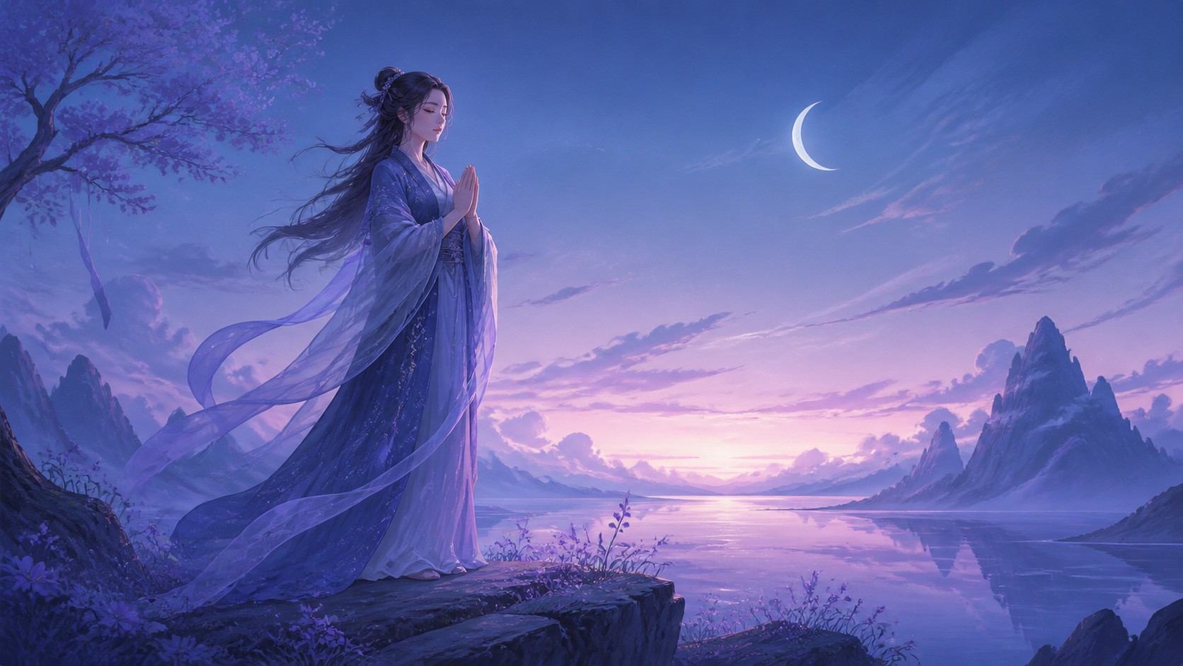 femme asiatique debout dans un paysage de crépuscule naissant dans une posture de patience réparatrice, vibration de l'heure 17:11