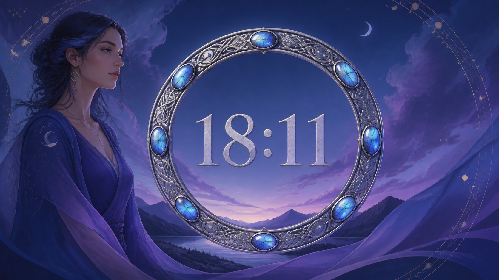 femme européenne devant un anneau en labradorite avec 18:11 en argent lunaire et un ciel de crépuscule bleu et lilas, signification de l'heure 18:11