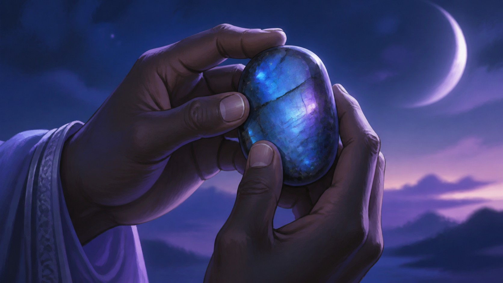 mains africaines tenant une labradorite dans la lumière du crépuscule, message de l'heure 18:11