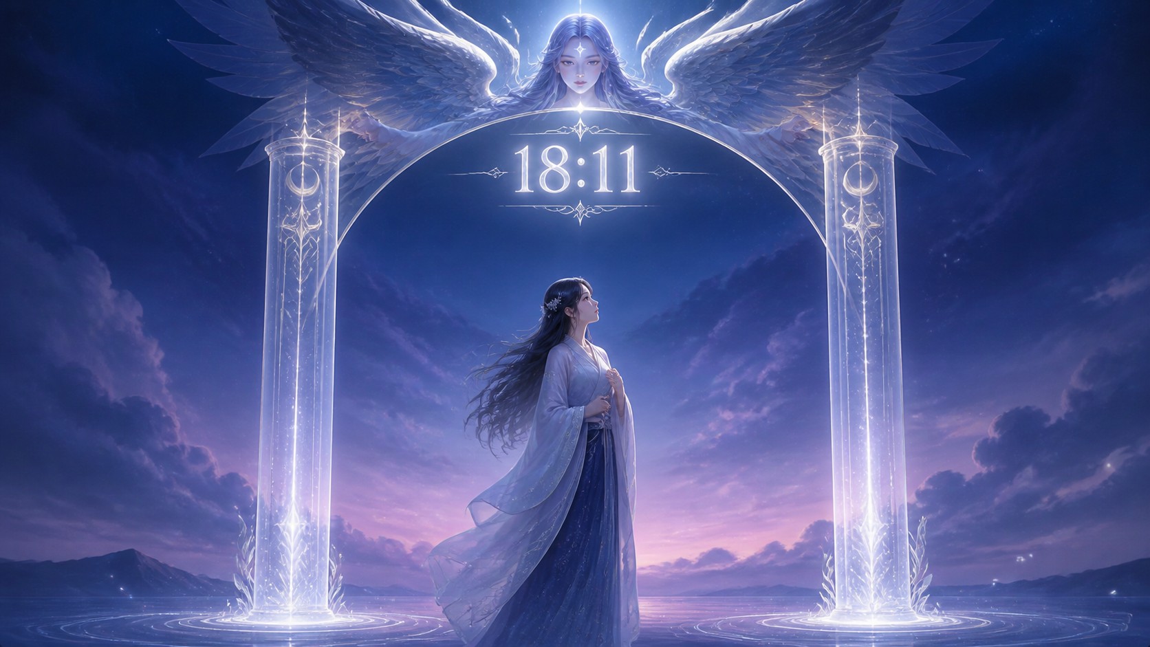personnage asiatique entre deux piliers de lumière argent lunaire évoquant le 11 avec Mebahiah dans l'arc, symbolique de l'heure 18:11