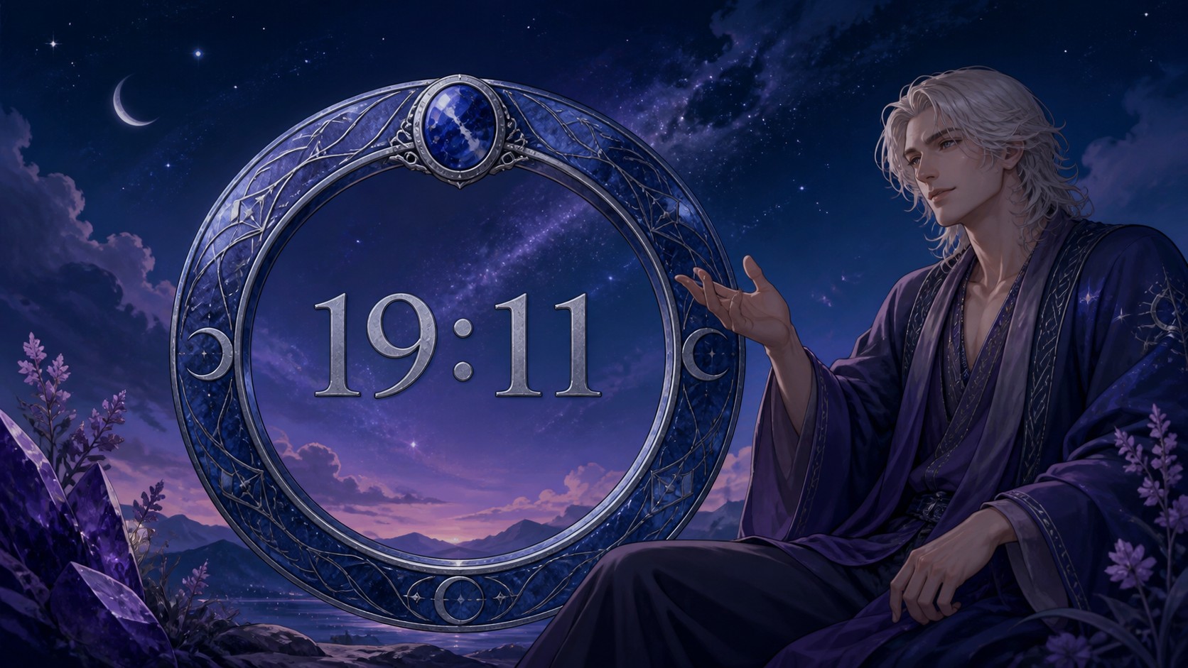 homme nordique devant un anneau en sodalite avec 19:11 en argent lunaire et un ciel de nuit naissante, signification de l'heure 19:11