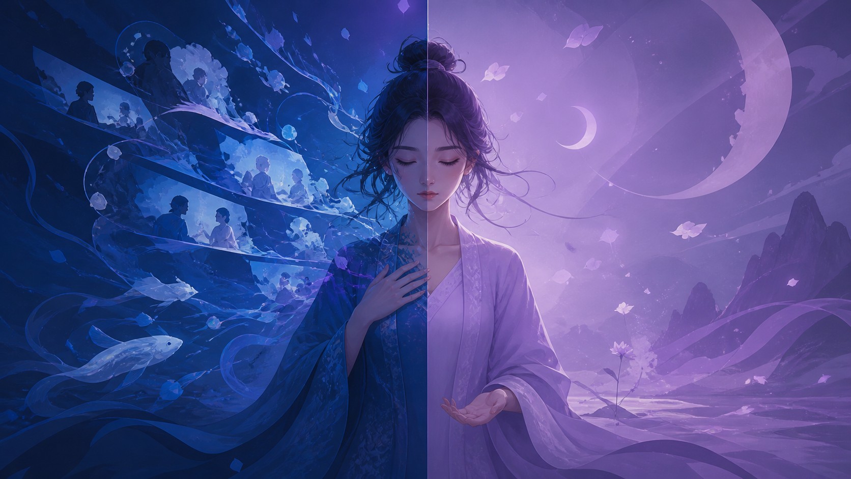 femme asiatique debout entre le récit du jour et le silence du soir, enseignement de l'heure 19:11