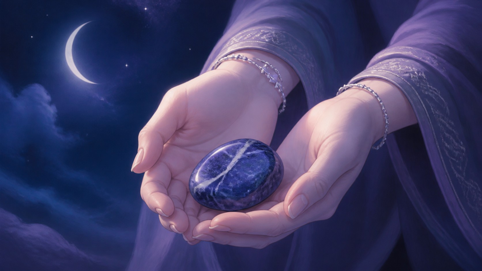mains européennes tenant une sodalite dans la lumière du début de soirée, message de l'heure 19:11