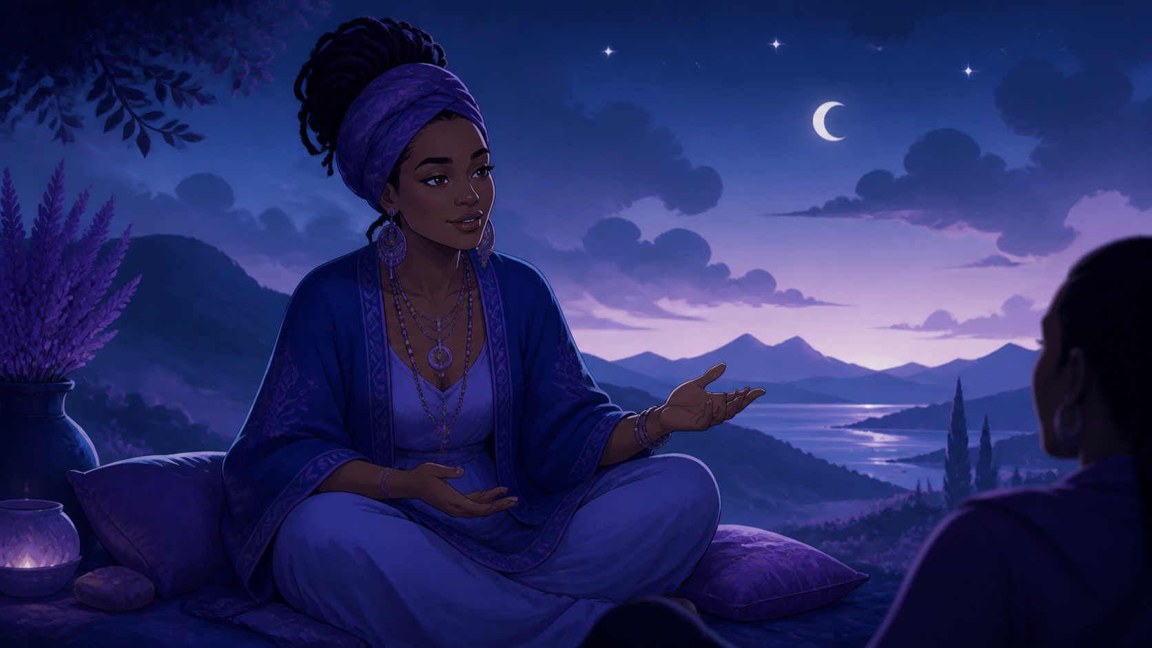 femme africaine assise dans une lumière de début de soirée dans une posture de partage paisible, vibration de l'heure 19:11