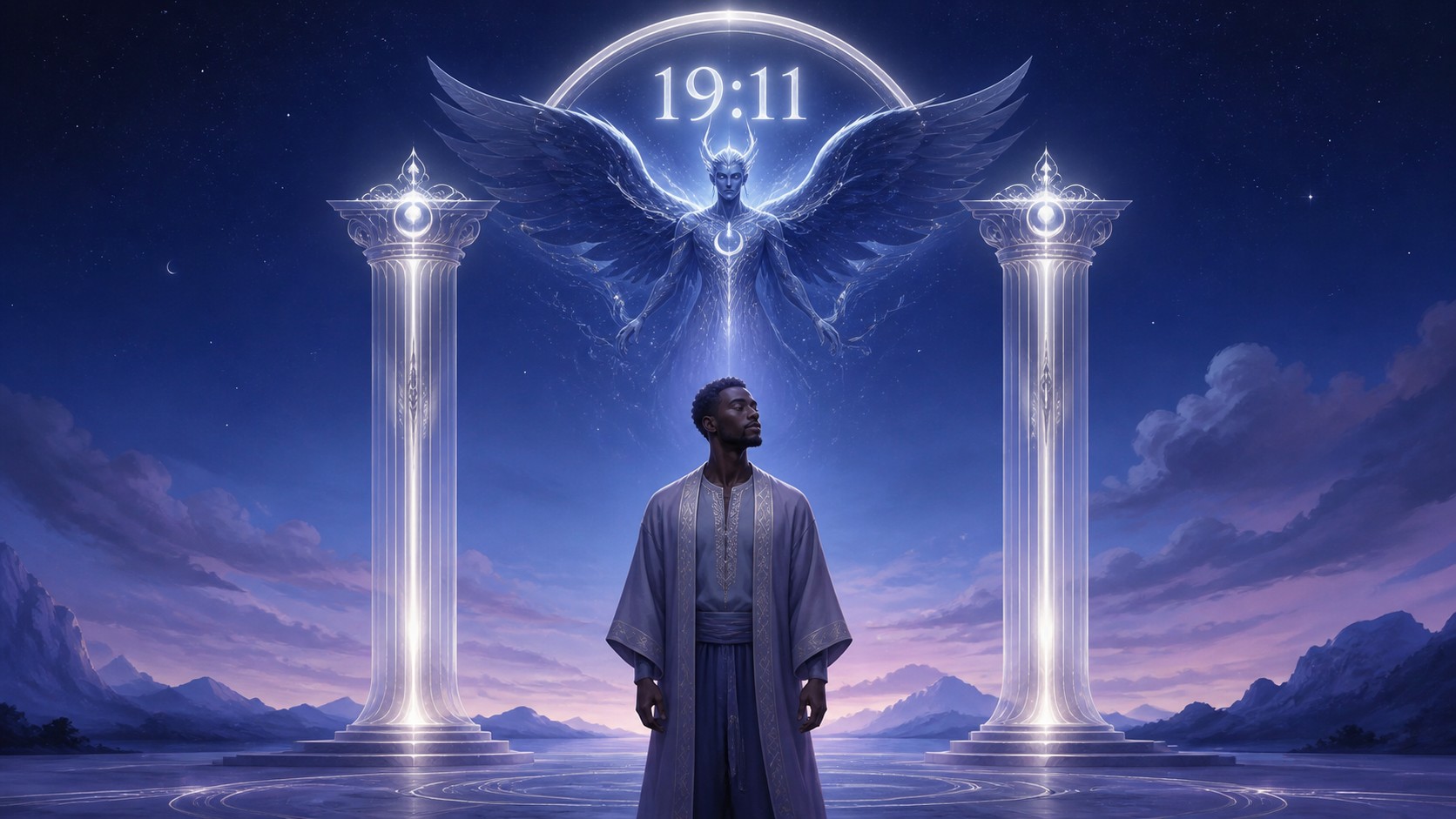 personnage africain entre deux piliers de lumière argent lunaire évoquant le 11 avec Yeialel dans l'arc, symbolique de l'heure 19:11