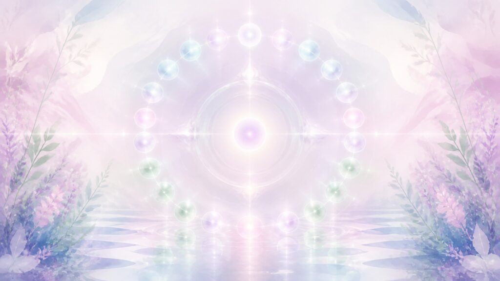 Horloge symbolique entourée de halos pastel et de reflets lumineux