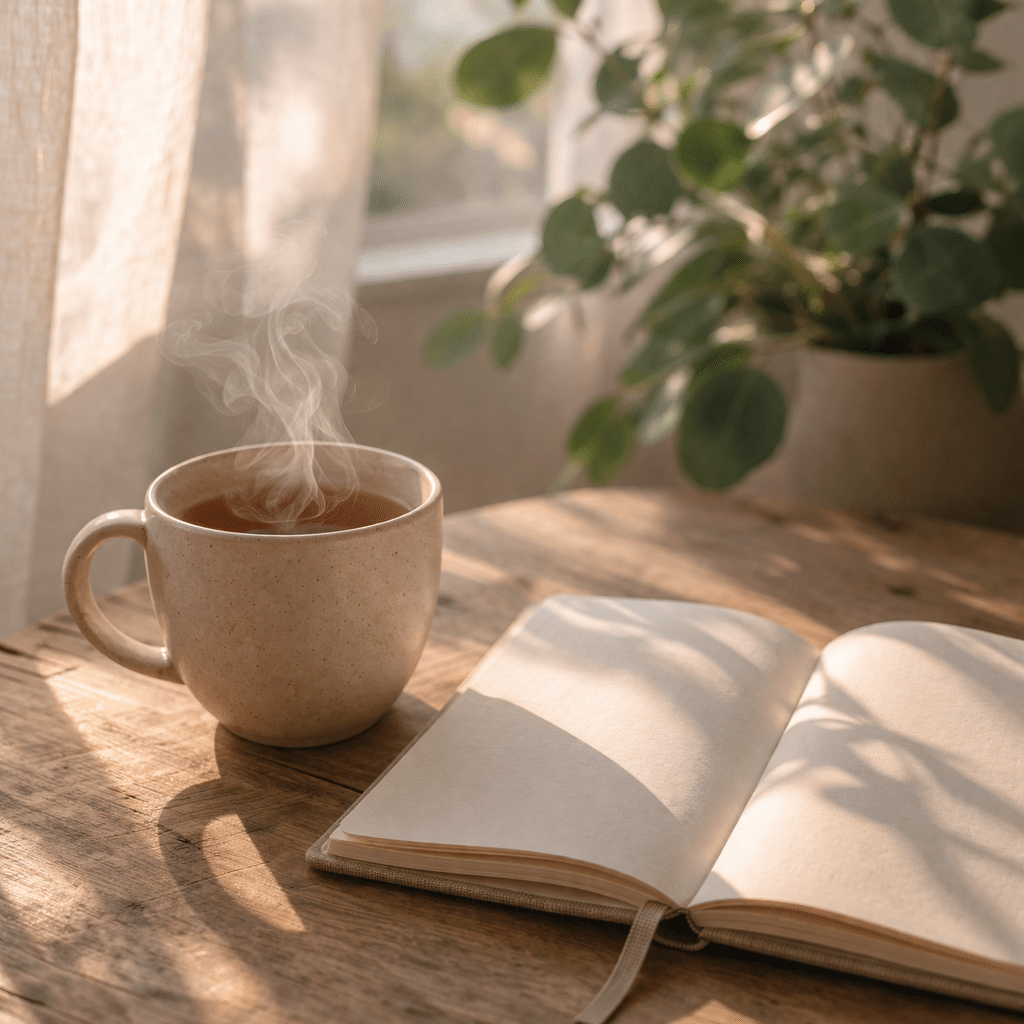 Tasse de thé fumante posée sur une table en bois avec un carnet ouvert, lumière douce du matin, ambiance rituel quotidien rentrée
