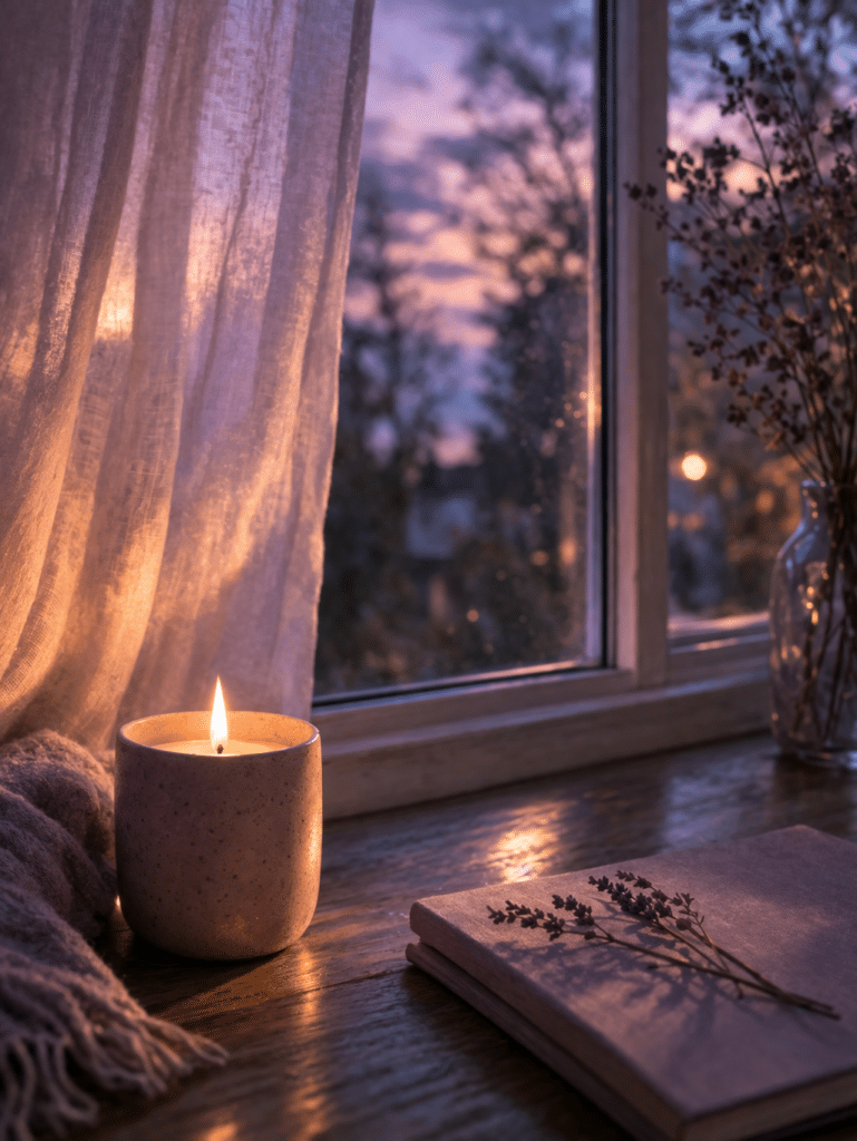 Lumière douce de fin de journée avec une bougie allumée près d’une fenêtre, ambiance calme et enveloppante, rituel du soir apaisant