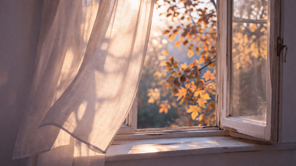 Fenêtre entrouverte en automne, lumière dorée du matin filtrant à travers un rideau de lin, atmosphère douce et silencieuse, rituels rentrée sereine
