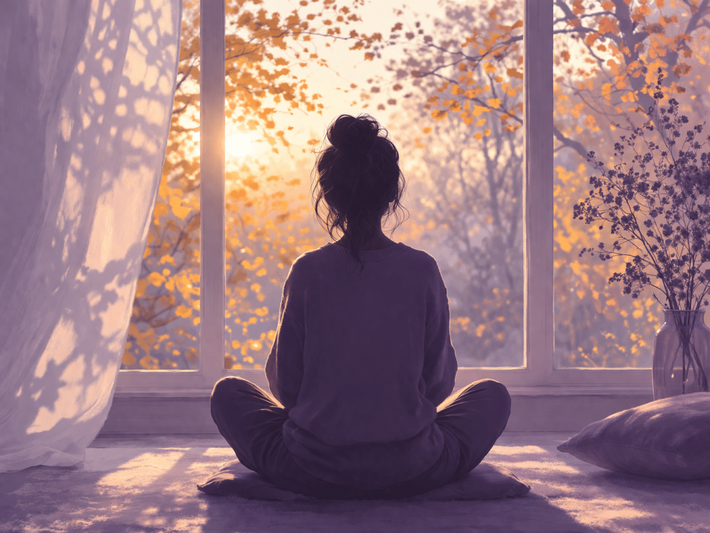 Silhouette de femme assise en méditation face à une fenêtre, lumière automnale dorée, posture détendue, moment intérieur de rentrée