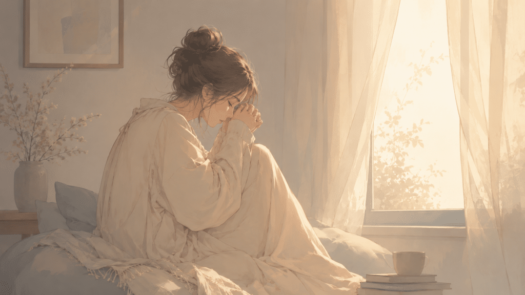 Femme assise dans une lumière douce, symbole de fatigue émotionnelle et de résistance intérieure.