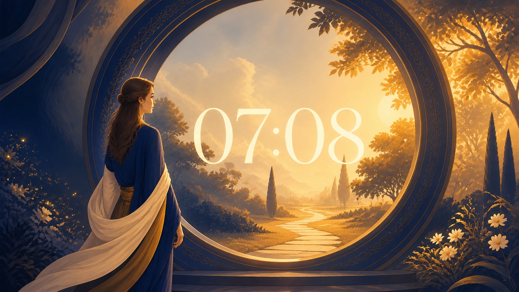 femme européenne devant un anneau indigo profond et or lumineux avec 07:08 et un chemin matinal, signification de l'heure 07:08