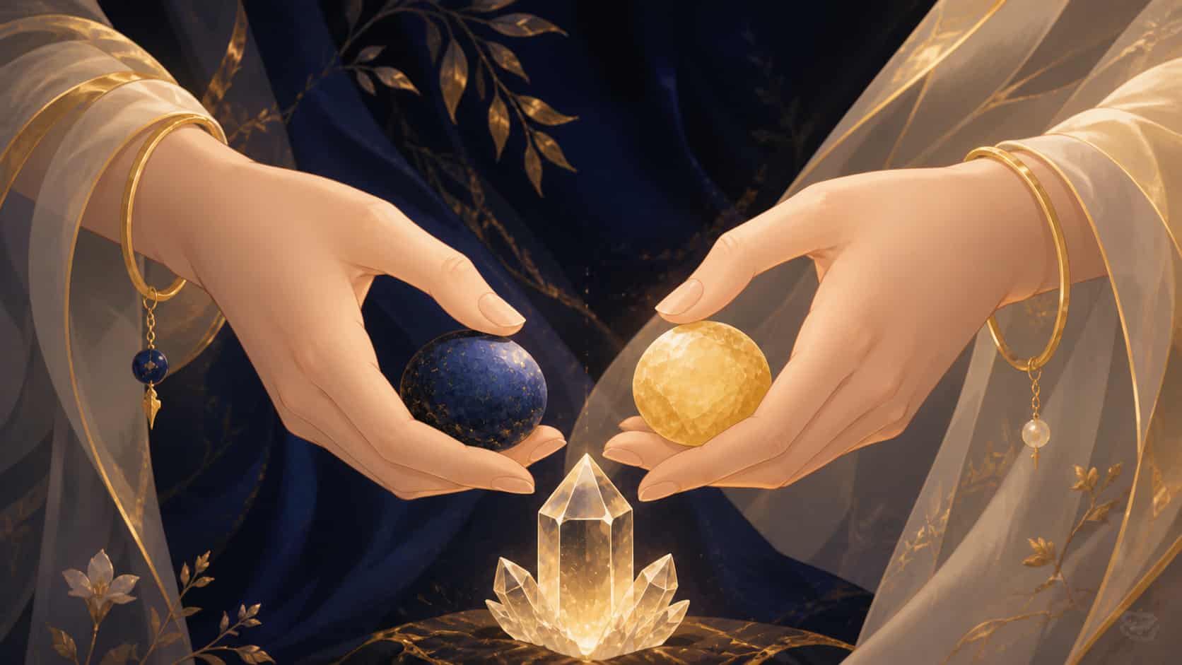 mains asiatiques tenant un lapis-lazuli et une citrine pâle dans un geste de passage vers l'action juste à 07:08