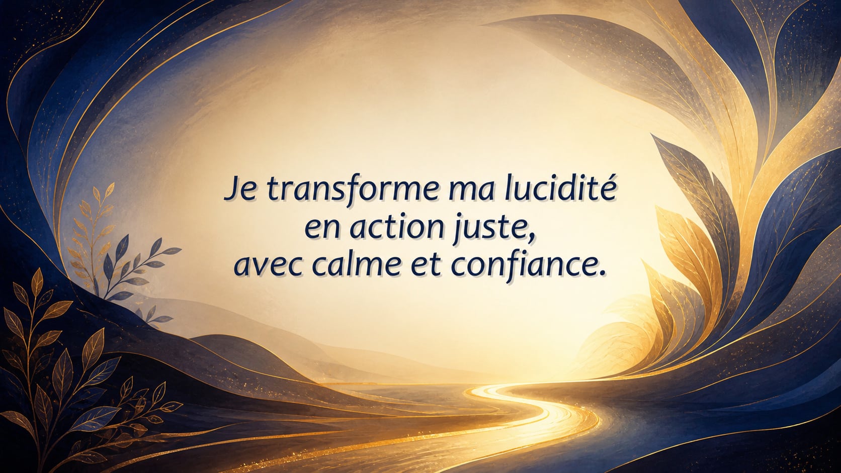 mantra de l'heure 07:08 en crème ivoire sur fond indigo profond et doré ambré