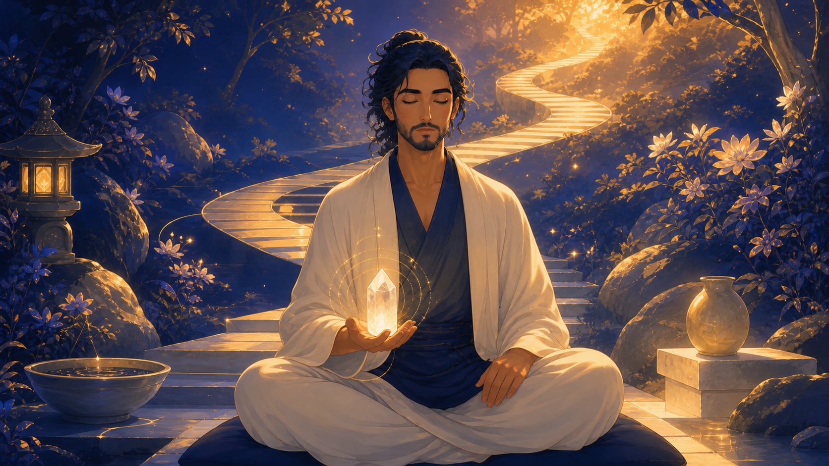 homme moyen-oriental méditant avec un quartz clair dans une lumière matinale indigo et ambrée, méditation de 07:08