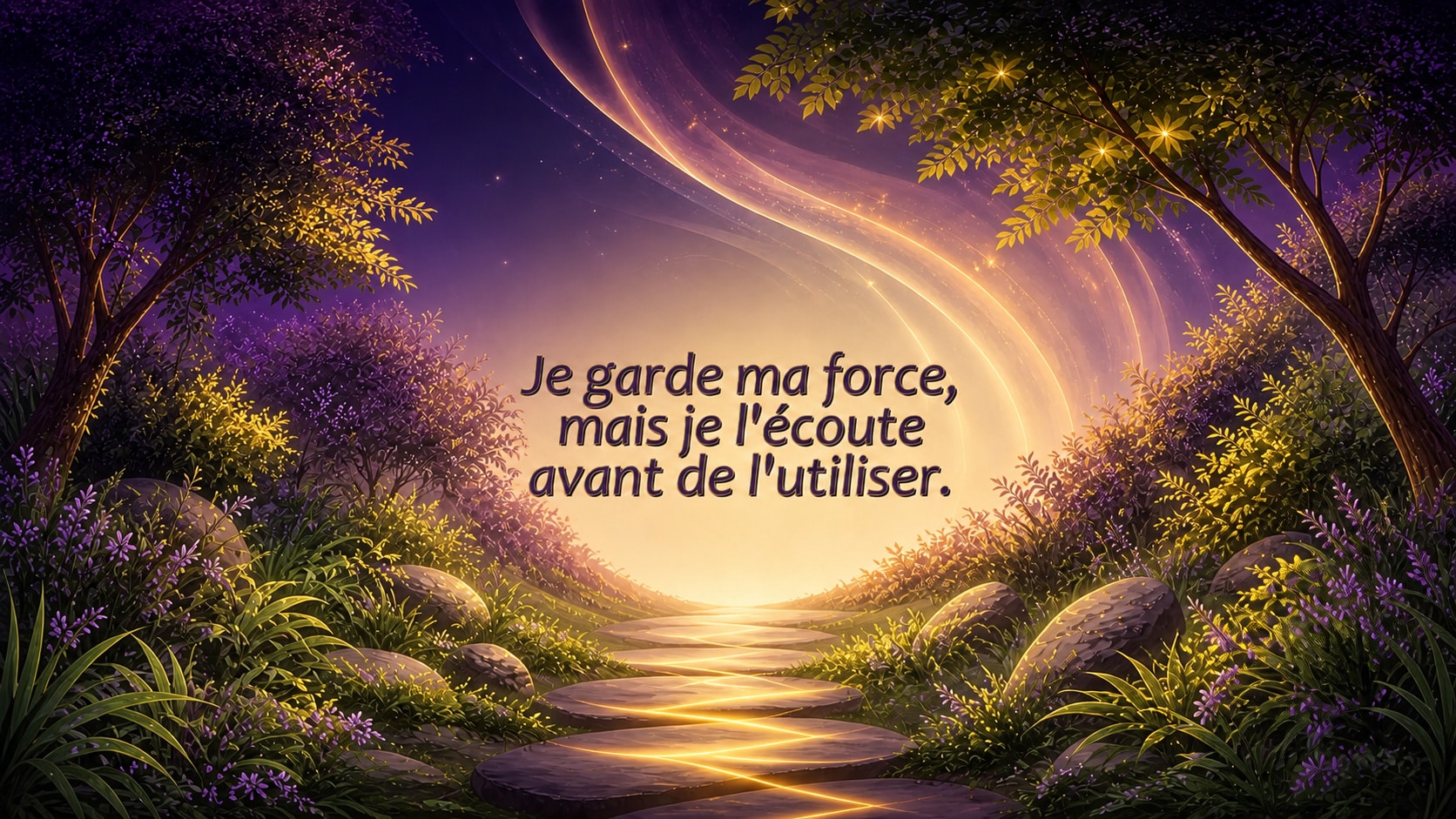 mantra de l'heure 08:07 en vert tendre sur fond violet profond et doré ambré