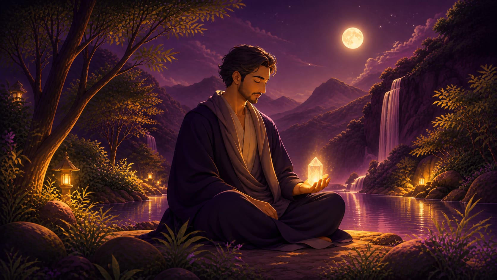 homme moyen-oriental méditant avec un quartz clair dans une lumière matinale ambrée et violette, méditation de 08:07
