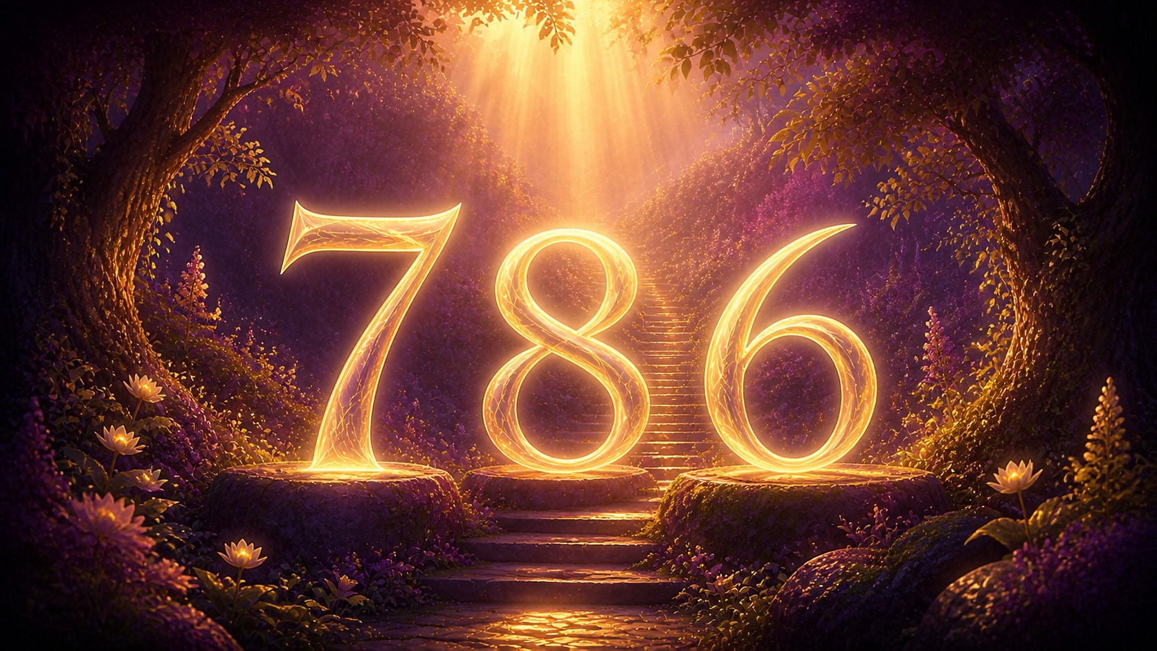 nombres 8, 7 et 6 reliés en ambre, violet et or, associations de l'heure 08:07