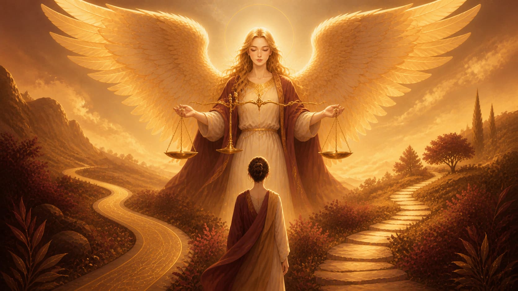 La Justice du tarot avec l'ange Nith-Haiah et 08:09 dans une lumière bordeaux doux et dorée