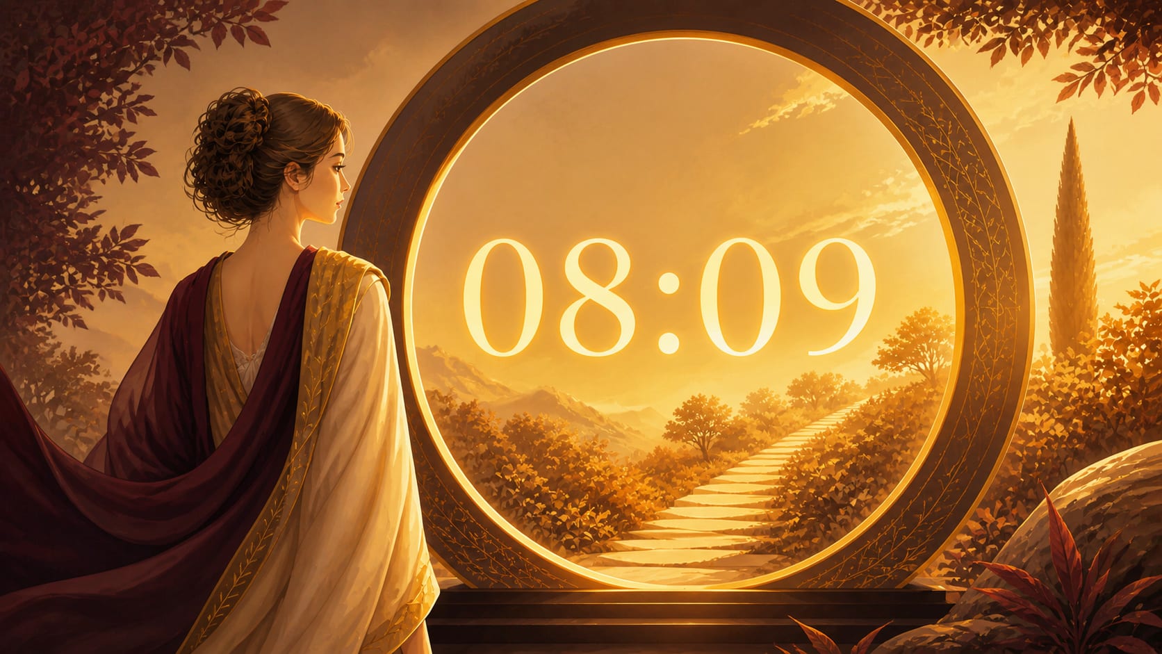 femme européenne devant un anneau or profond et or chaud avec 08:09 et un chemin matinal, signification de l'heure 08:09