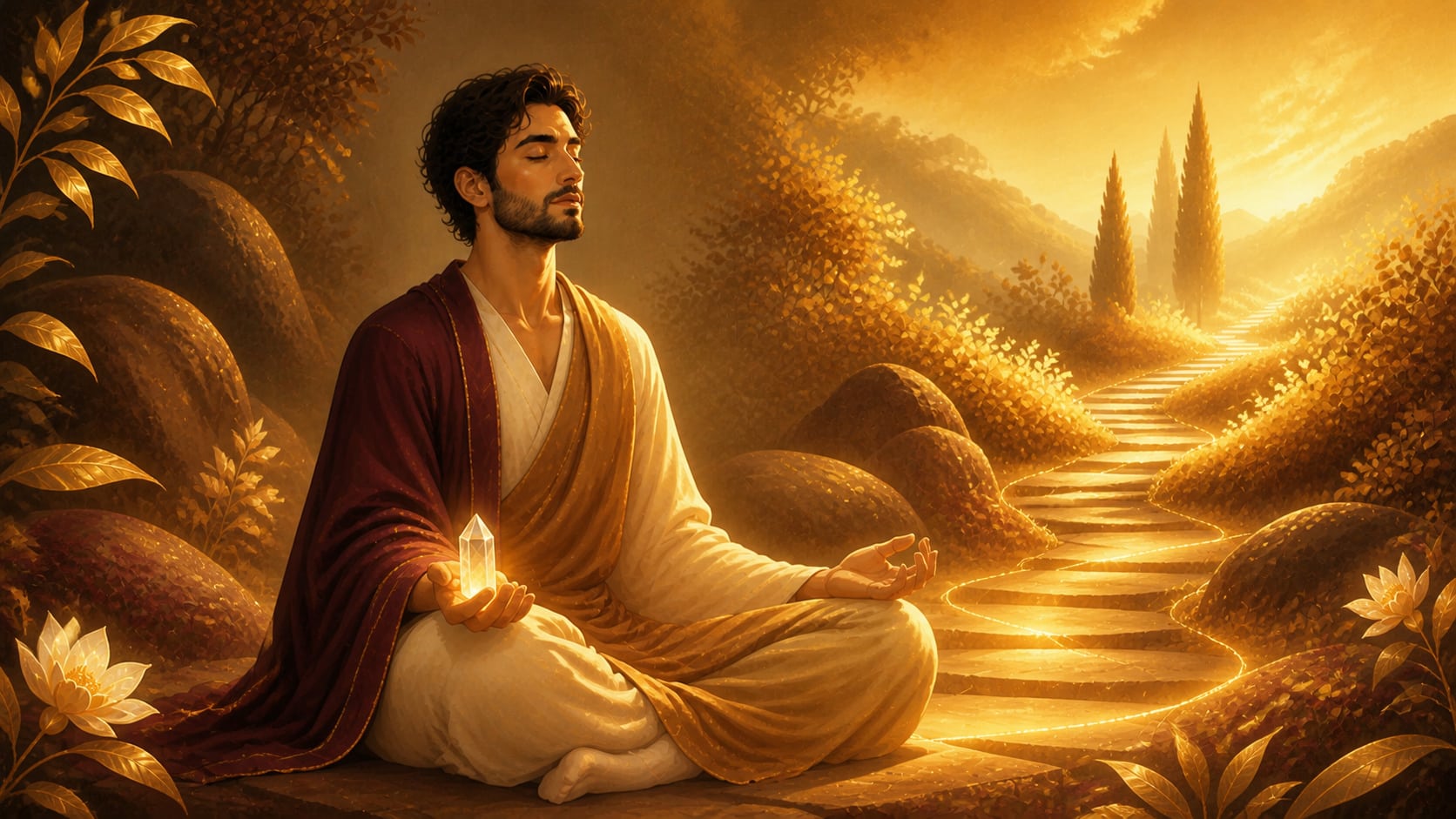 homme moyen-oriental méditant avec un quartz clair dans une lumière matinale ambrée et dorée, méditation de 08:09