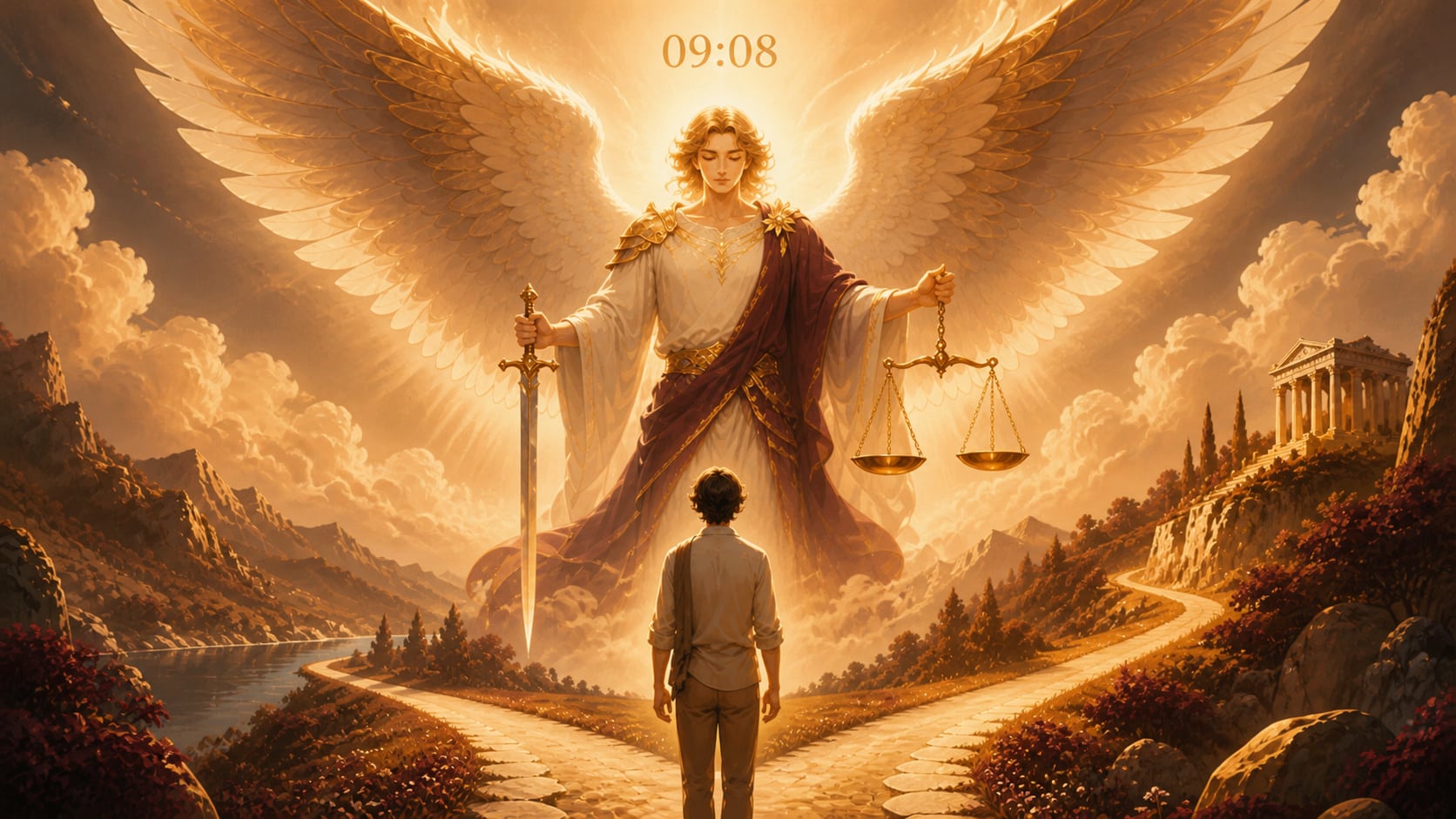 La Justice du tarot avec l'ange Seheiah et 09:08 dans une lumière bordeaux velouté et dorée