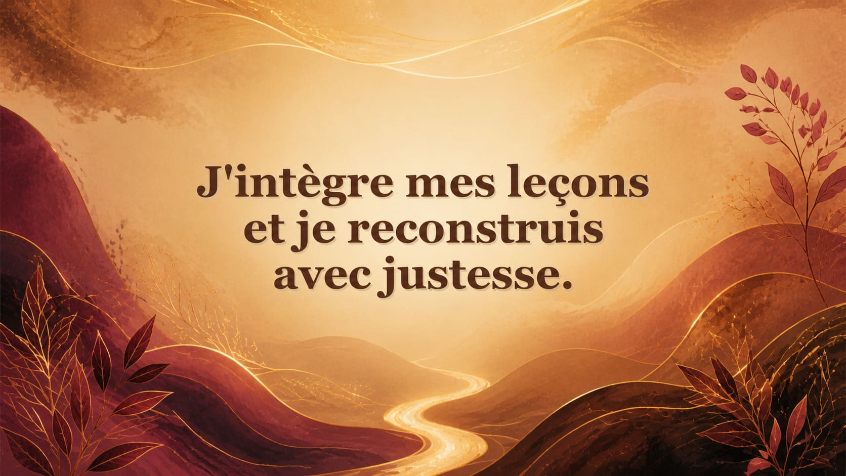 mantra de l'heure 09:08 en bordeaux velouté sur fond or profond et brun terre