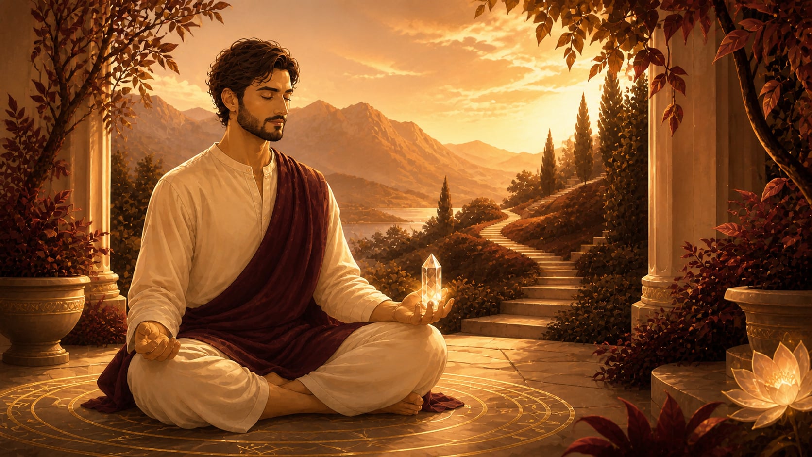 homme moyen-oriental méditant avec un quartz clair dans une lumière matinale dorée et ambrée, méditation de 09:08