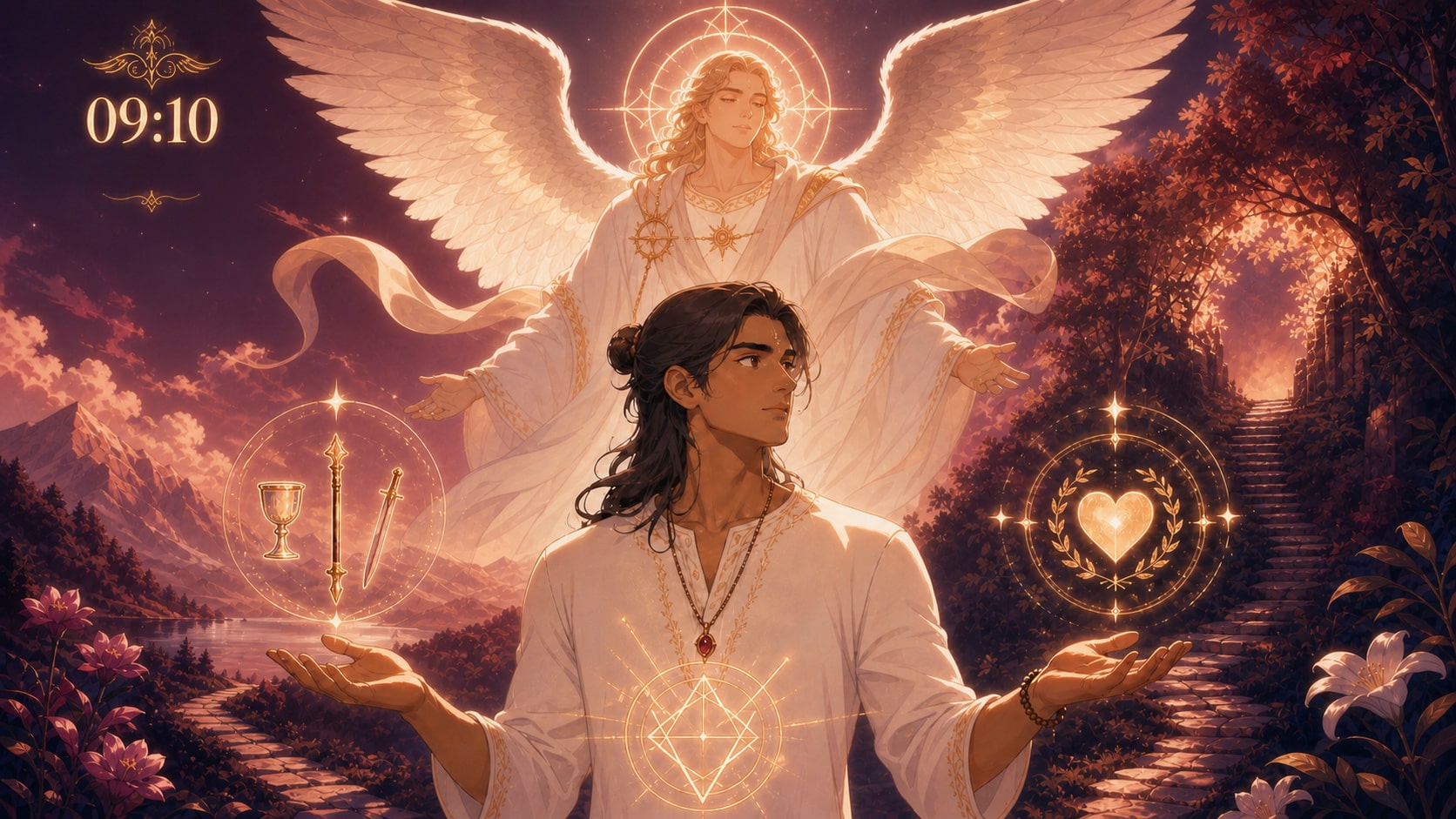 Le Magicien du tarot avec l'ange Seheiah et 09:10 dans une lumière or profond et dorée