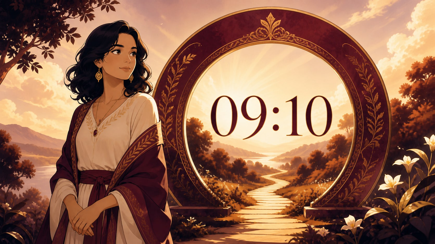 femme européenne devant un anneau or profond et or naissant avec 09:10 et un chemin matinal, signification de l'heure 09:10