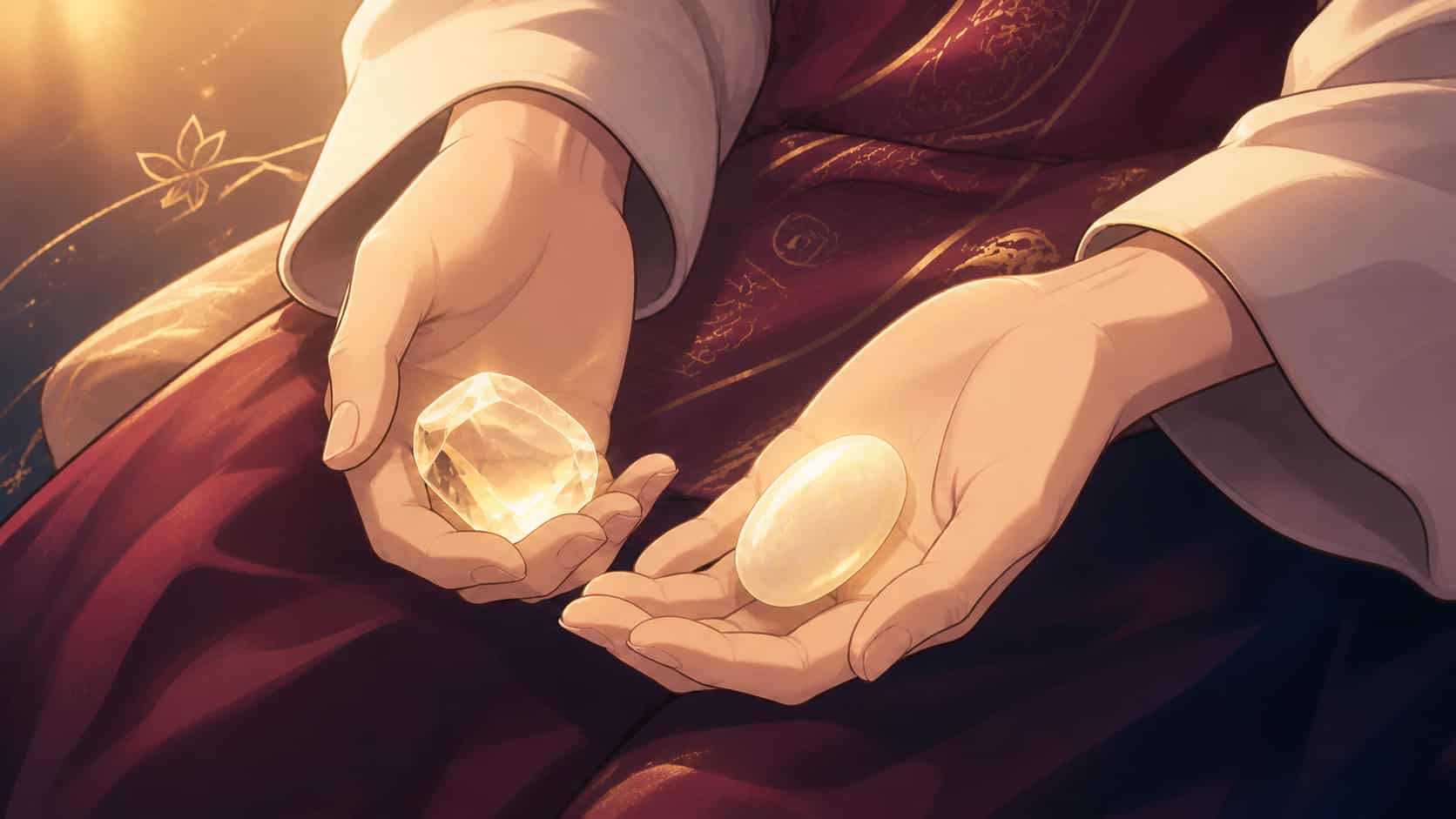 mains asiatiques tenant un quartz clair et un jade blanc dans un geste de passage vers l'action juste à 09:10