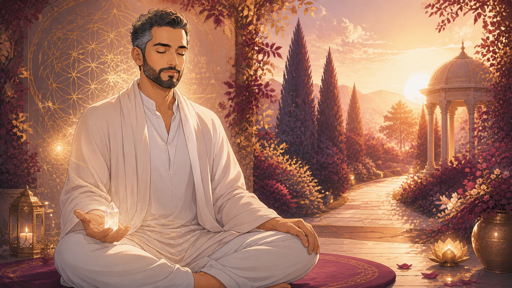 homme moyen-oriental méditant avec un quartz clair dans une lumière matinale or et bordeaux, méditation de 09:10