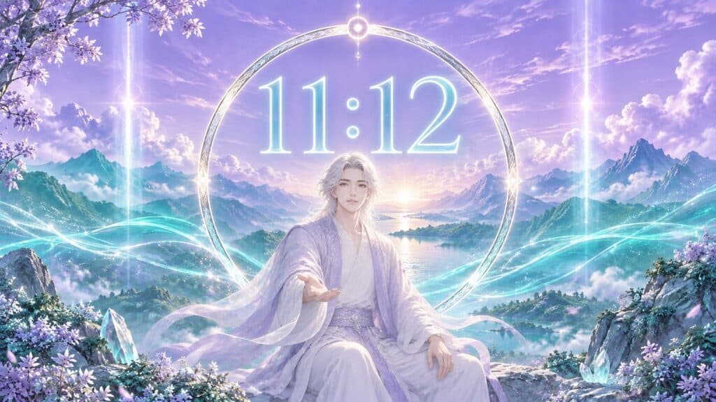 anneau lumineux violet clair et argenté doux avec 11:12 au centre et un paysage de fin de matinée, signification de l'heure 11:12