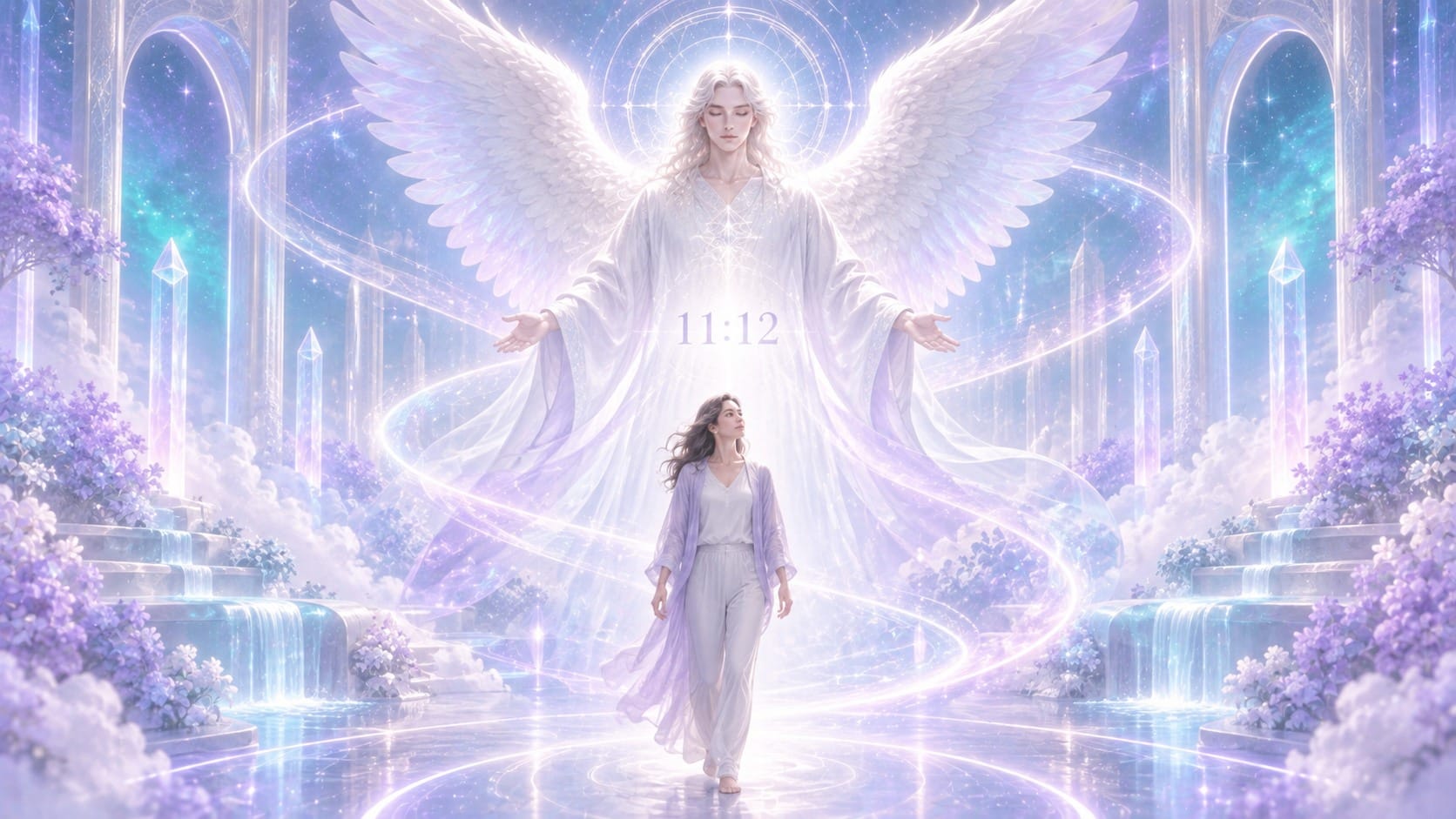 femme africaine au coeur d'une spirale lumineuse ascendante violet clair et argentée avec Lehahiah, symbolique de l'heure 11:12