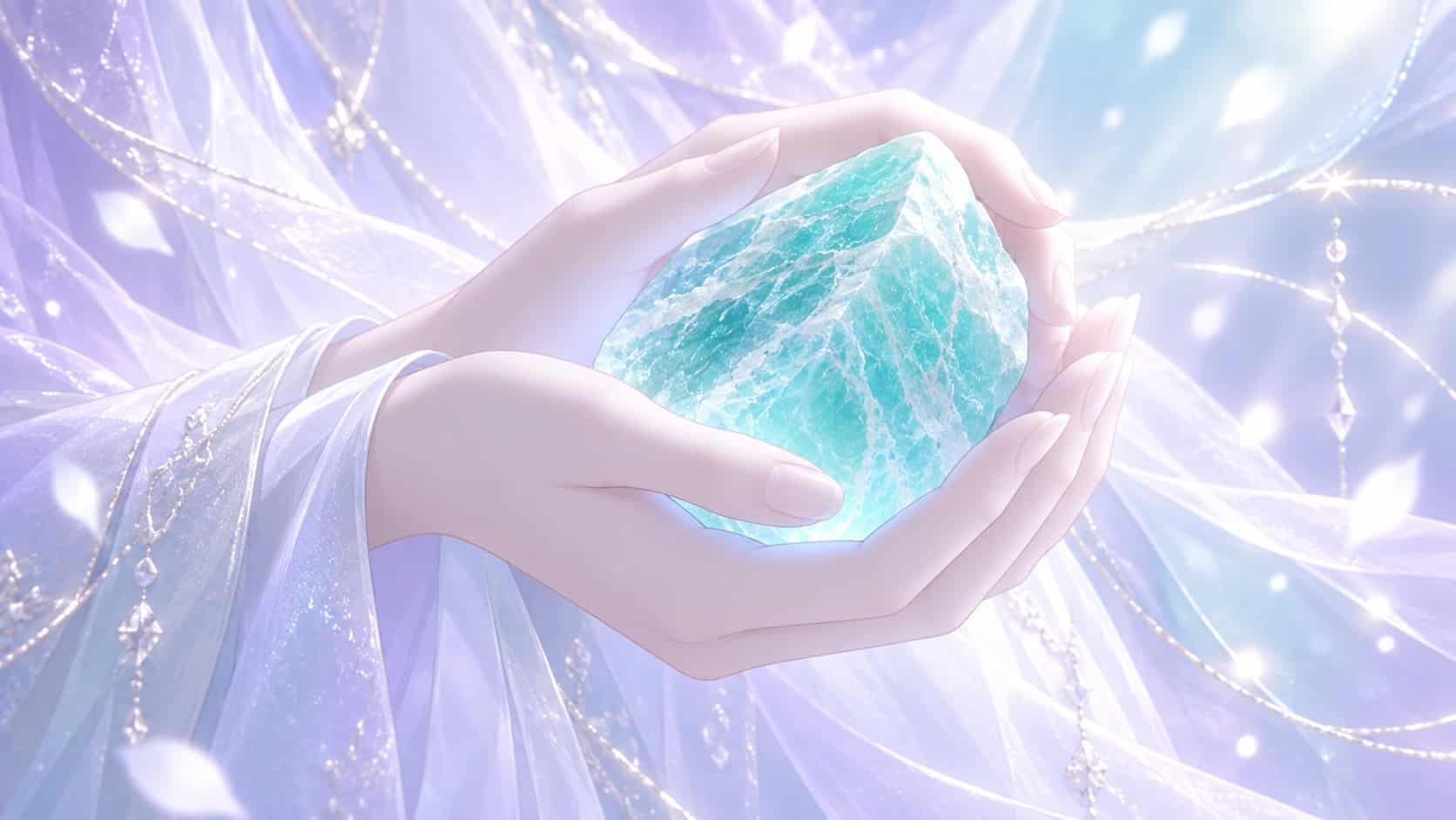 mains tenant une amazonite au centre de trois ondes lumineuses en violet clair et turquoise, message vibratoire de l'heure 11:12