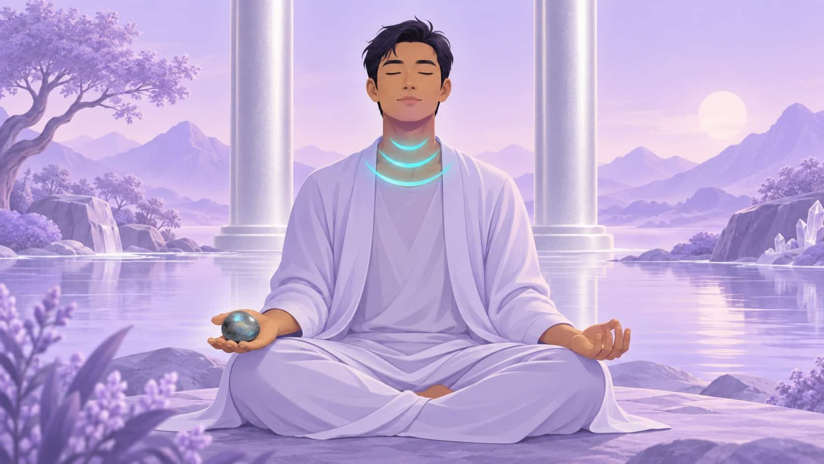 homme asiatique assis en méditation avec une labradorite et deux colonnes de lumière 11, méditation de l'heure 11:12
