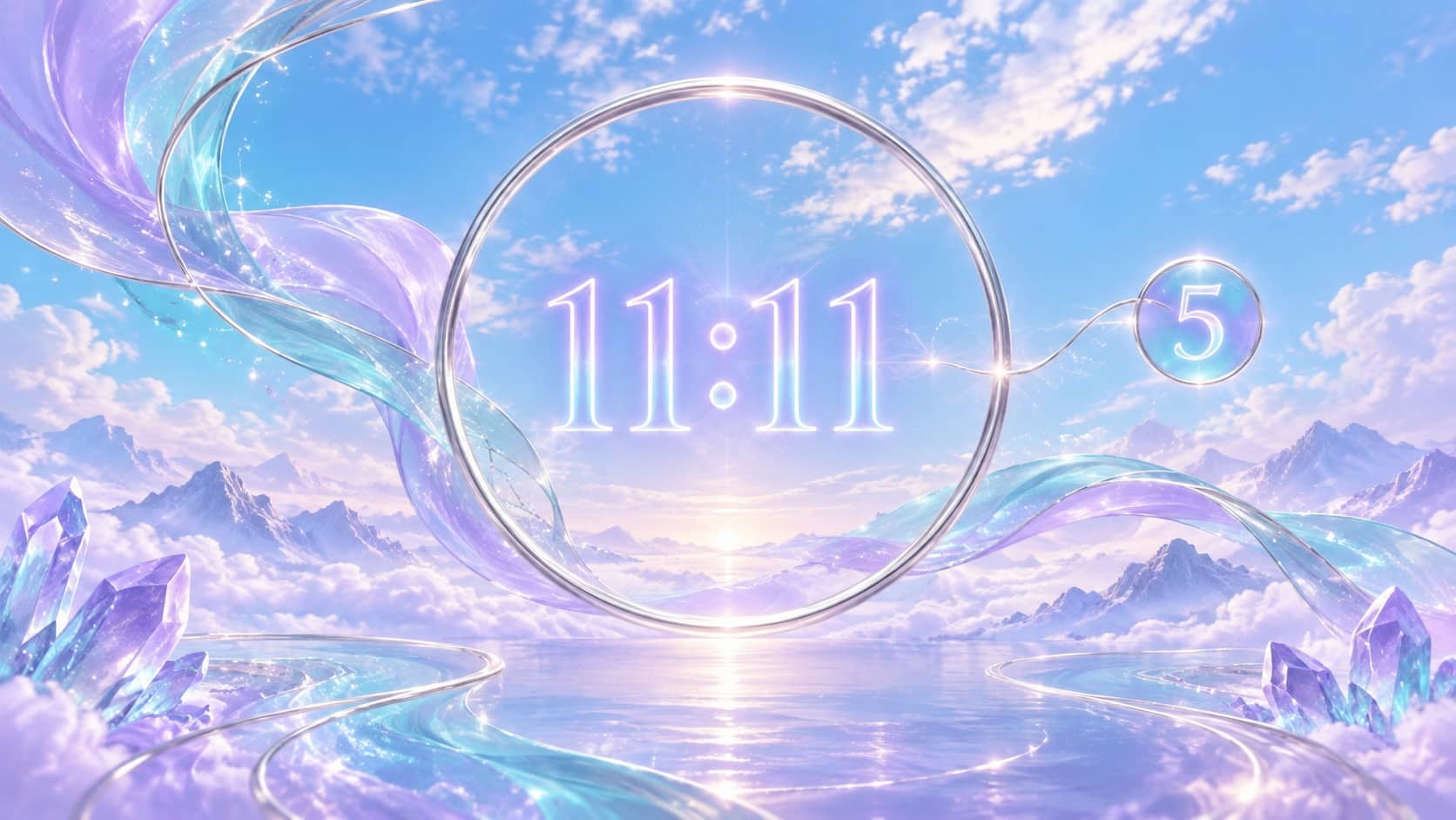 heure miroir 11:11 et nombre 5 en violet clair et argenté doux, associations de l'heure 11:12 en numérologie