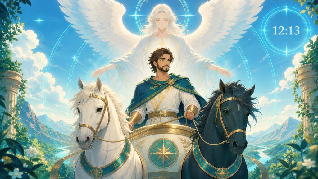 illustration de l'expression, de la construction et du discernement, ange + tarot, signification de l'heure 12:13