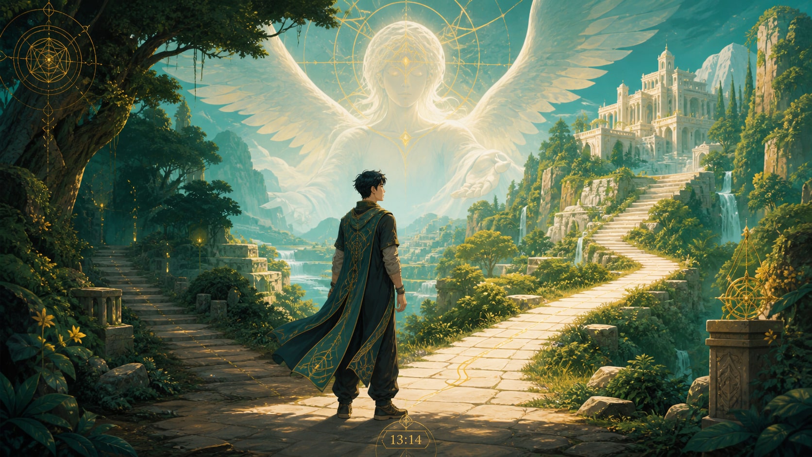 ange + tarot, L'Ermite et Ieiazel en vert profond et jaune doré, structure, changement et maturité, signification de l'heure 13:14