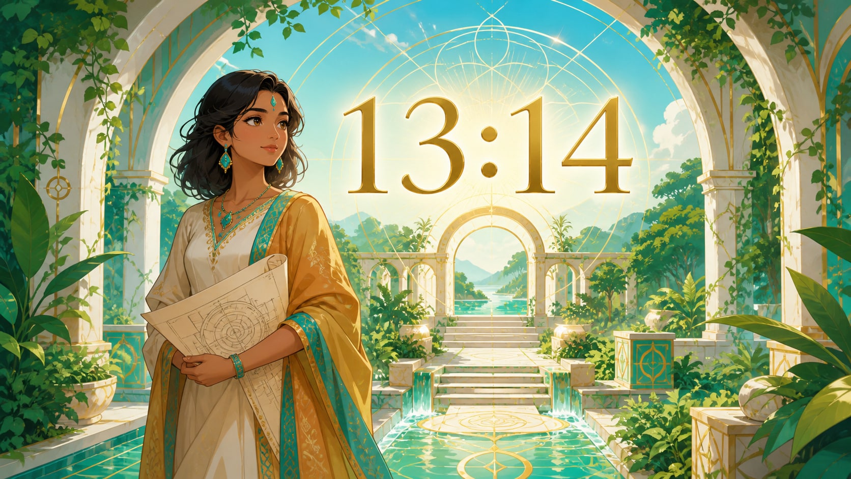 image à la une, structure, changement et maturité en vert profond, turquoise, ocre doux et jaune doré, signification de l'heure 13:14