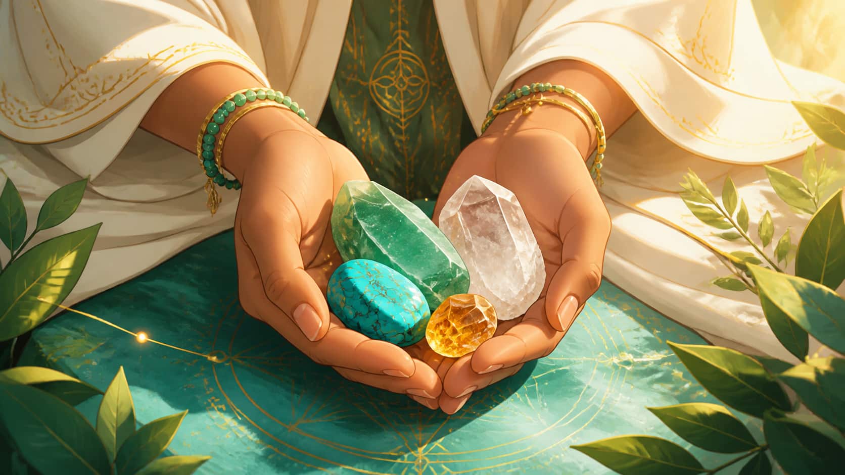 message vibratoire, structure, changement et maturité en vert profond, turquoise, ocre doux et jaune doré, signification de l'heure 13:14