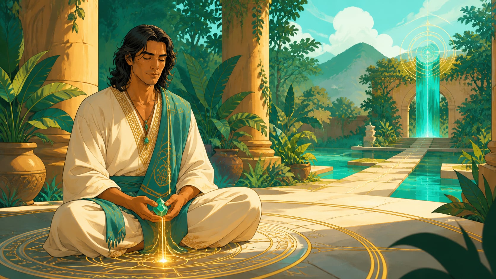 méditation guidée en vert profond et turquoise, structure, changement et maturité, signification de l'heure 13:14