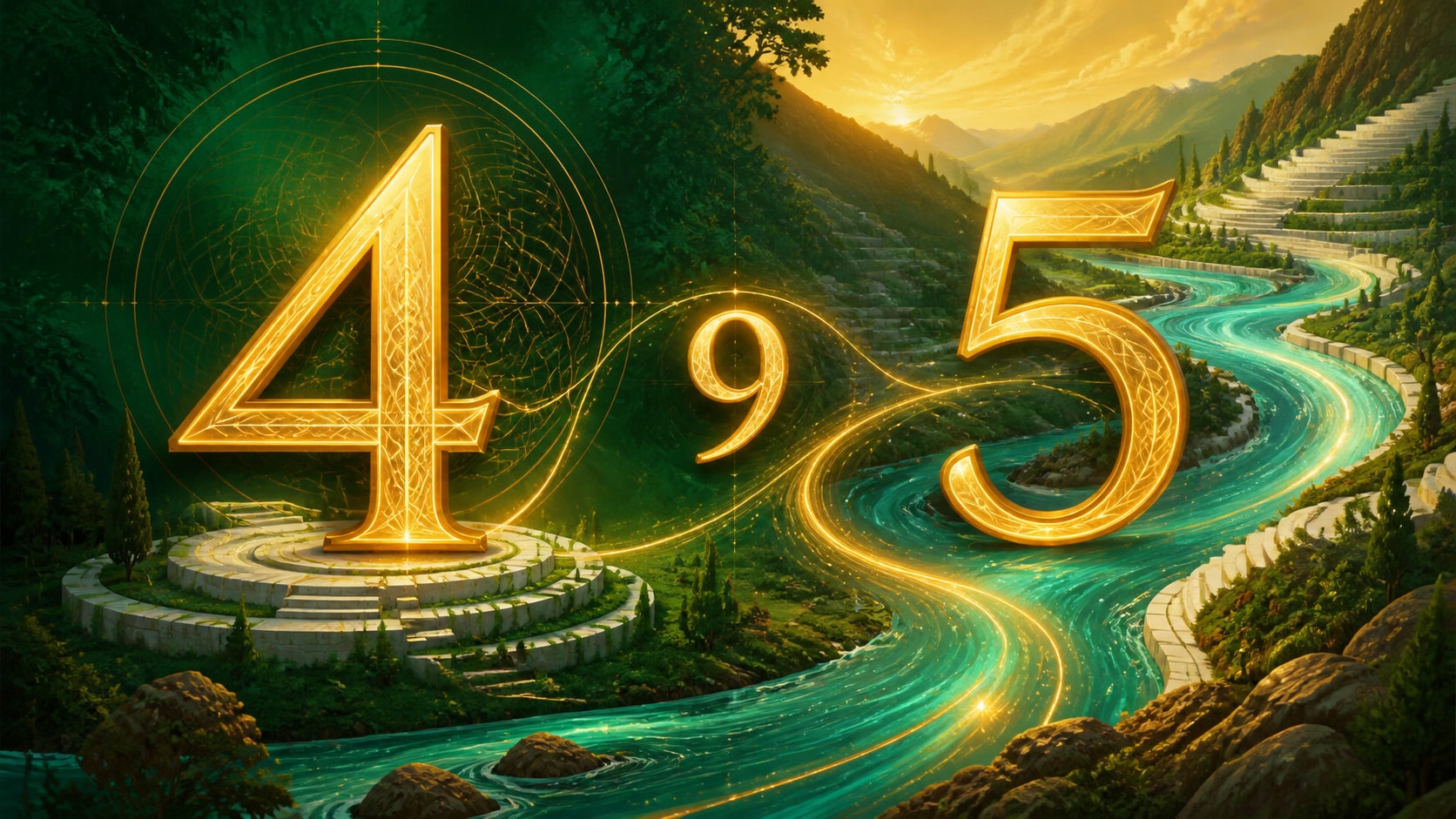 image 7 — séquences et nombres associés 4, 5 et 9 en vert profond, turquoise et jaune doré, signification de l'heure 13:14