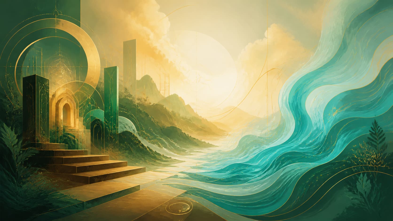 vibration, structure, changement et maturité en vert profond, turquoise, ocre doux et jaune doré, signification de l'heure 13:14