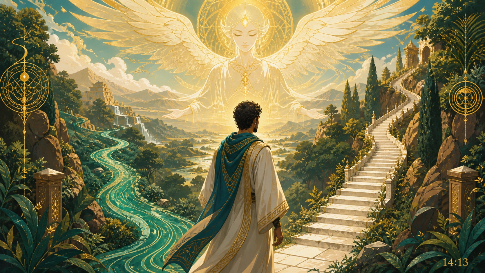 illustration de changement, structure et sagesse en bleu-vert lumineux, vert profond, or profond et jaune doré, image 4 — ange + tarot, signification de l'heure 14:13