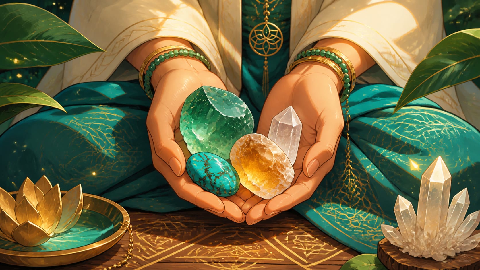 illustration de changement, structure et sagesse en bleu-vert lumineux, vert profond, or profond et jaune doré, image 2 — message vibratoire, signification de l'heure 14:13