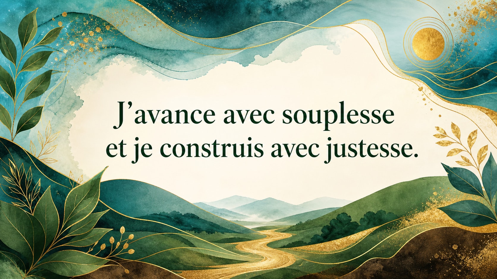 mantra de l'heure 14:13 sur fond bleu-vert lumineux, vert profond, or profond et jaune doré, image 6 — mantra, signification de l'heure 14:13