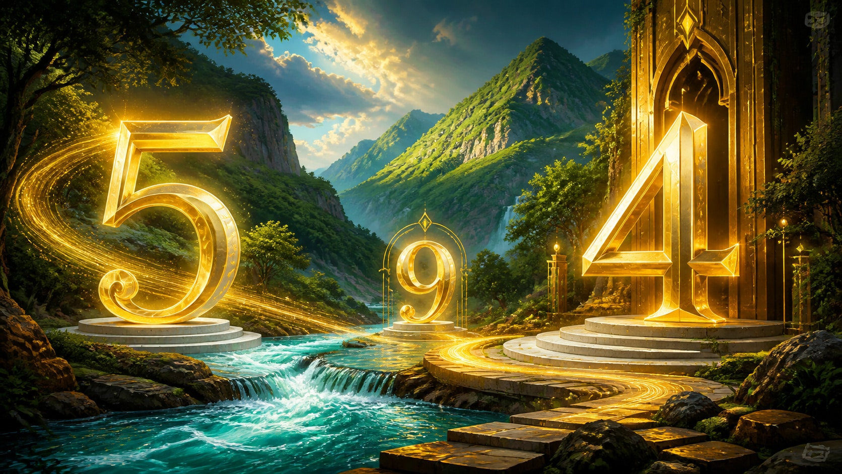 nombres 5, 4 et 9 en bleu-vert lumineux, vert profond, or profond et jaune doré, image 7 — séquences et nombres associés, signification de l'heure 14:13