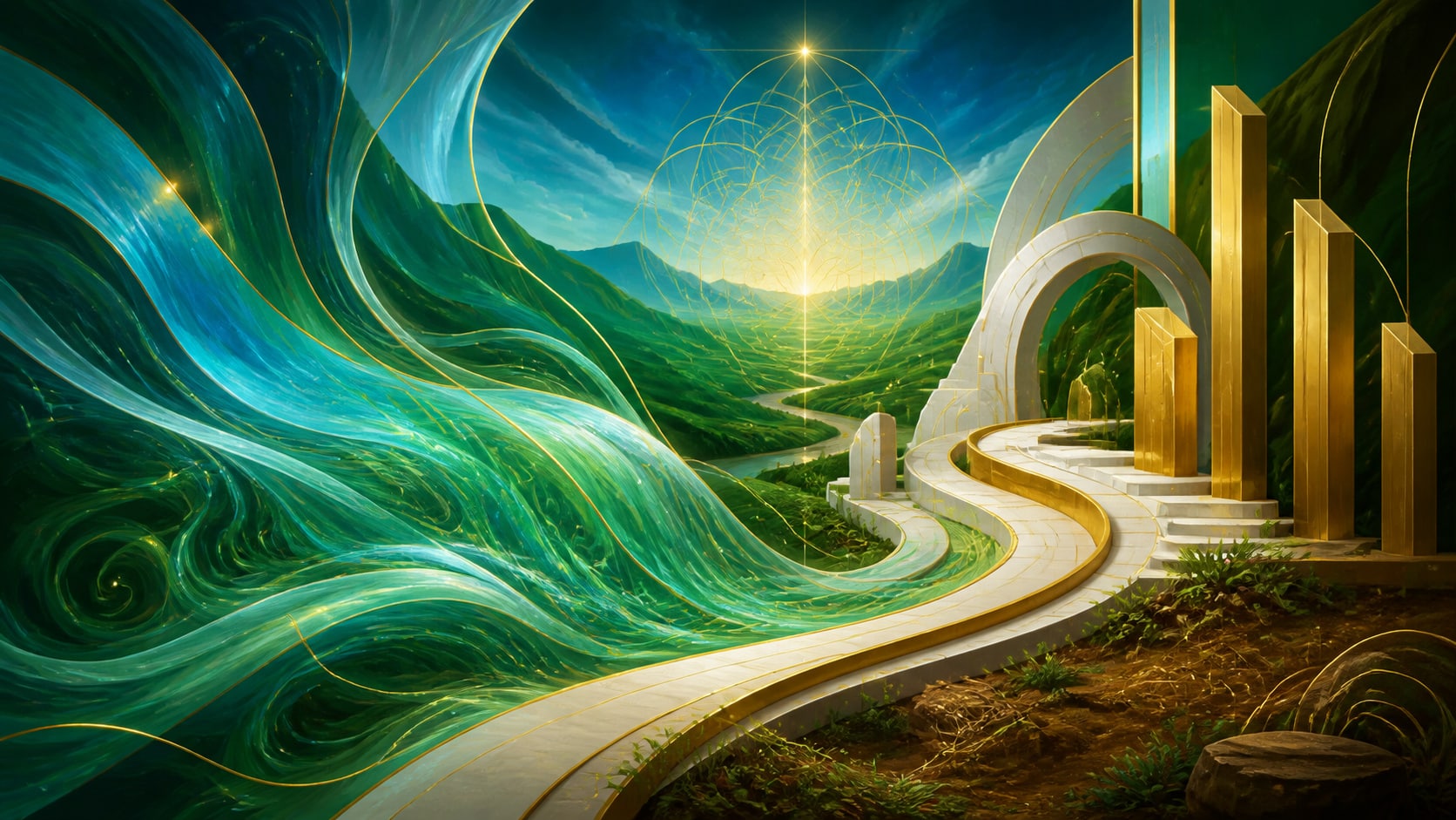 illustration de changement, structure et sagesse en bleu-vert lumineux, vert profond, or profond et jaune doré, image 1 — vibration, signification de l'heure 14:13