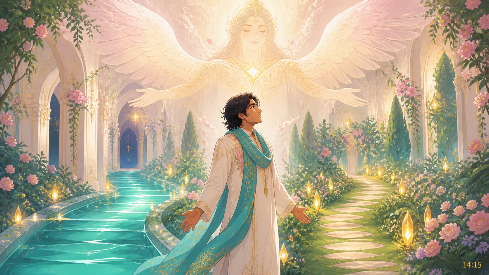 illustration de changement, harmonie et intuition en turquoise, vert tendre, rose doux et jaune doré, image 4 — ange + tarot, signification de l'heure 14:15